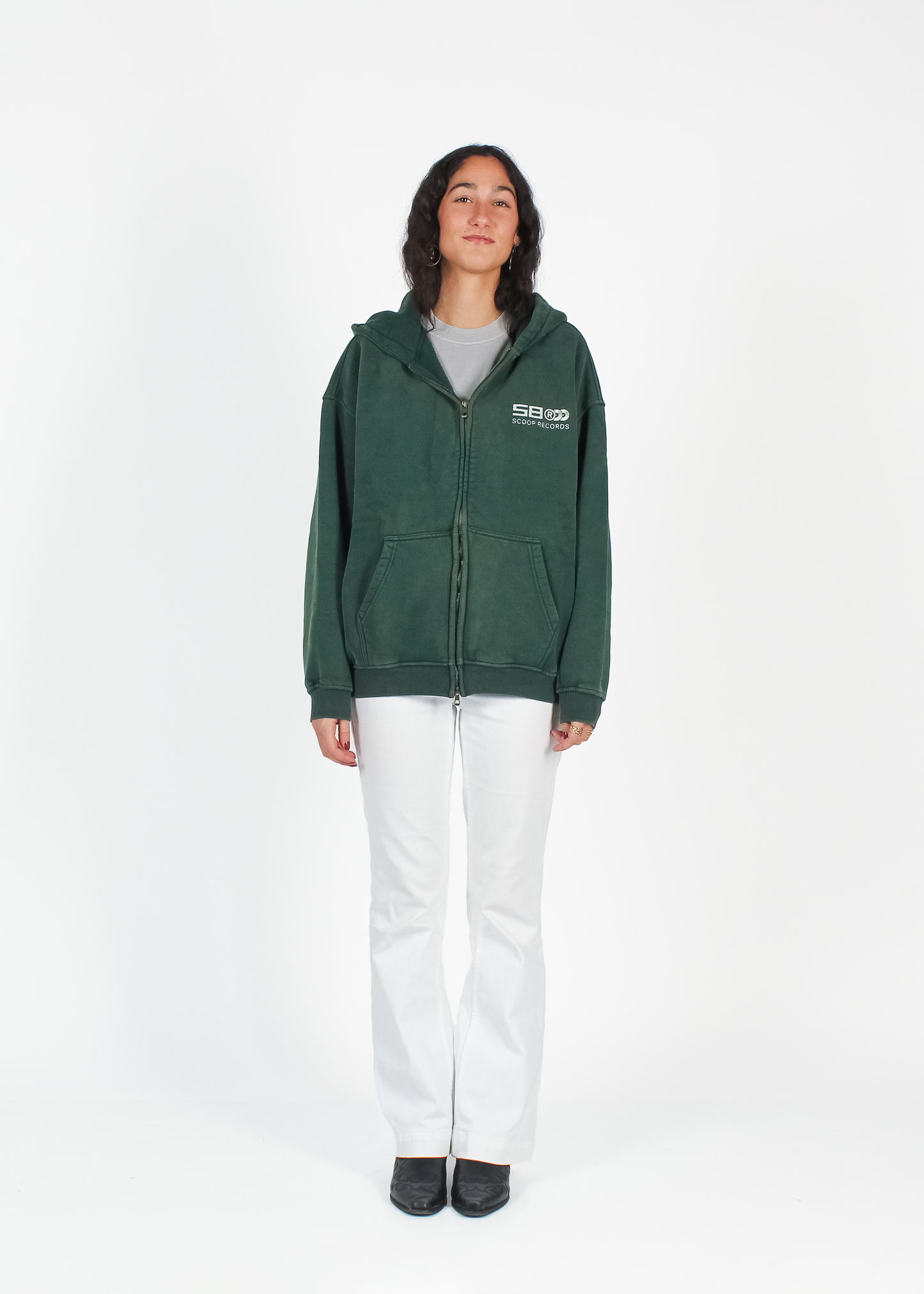 WASHED FOREST GREEN "SCOOP RECORDS" ZIP HOODIE