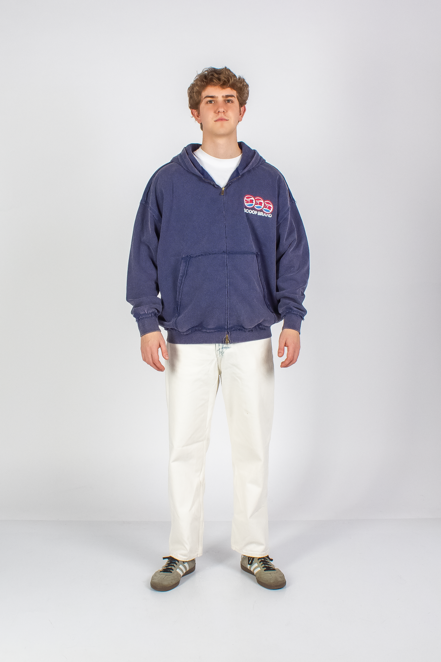WASHED DENIM BLUE "DRINKS" INSIDE OUT SEAMS ZIP HOODIE