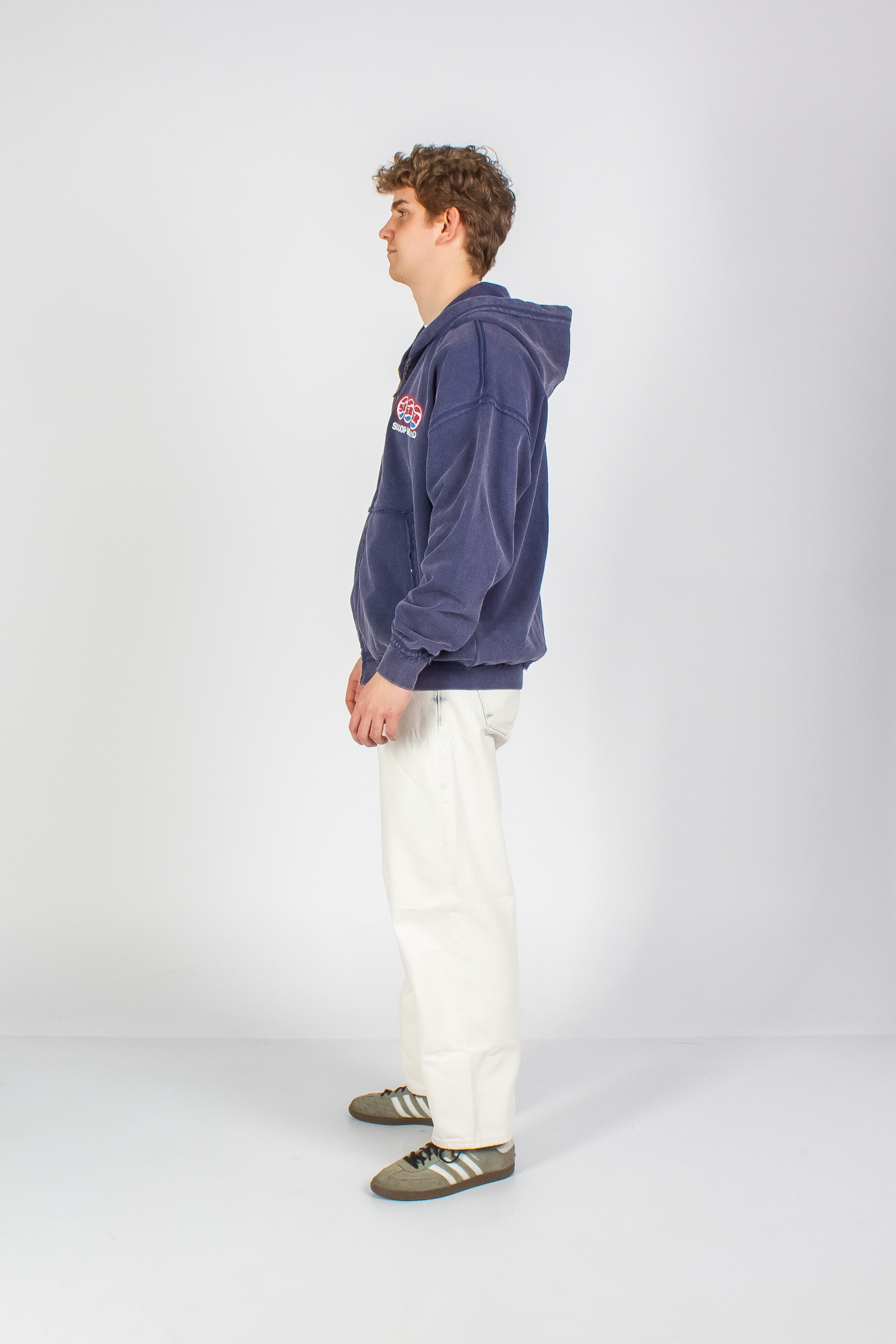WASHED DENIM BLUE "DRINKS" INSIDE OUT SEAMS ZIP HOODIE