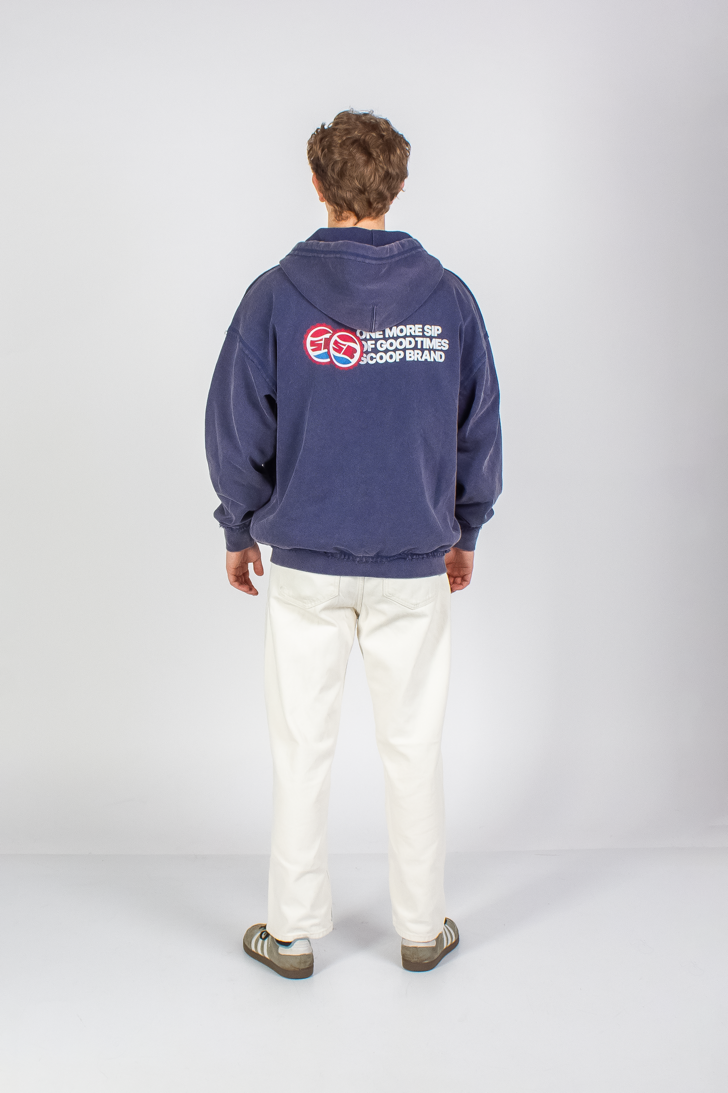 WASHED DENIM BLUE "DRINKS" INSIDE OUT SEAMS ZIP HOODIE
