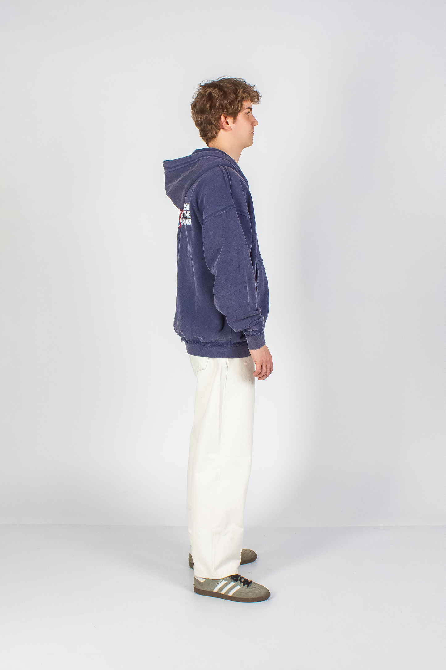 WASHED DENIM BLUE "DRINKS" INSIDE OUT SEAMS ZIP HOODIE