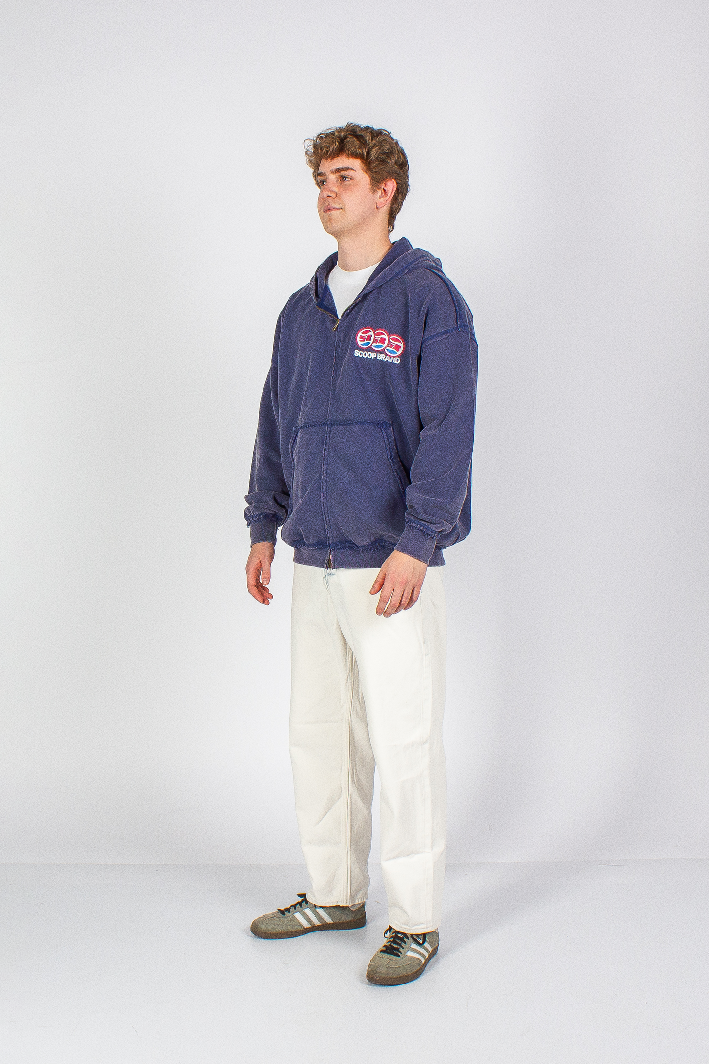 WASHED DENIM BLUE "DRINKS" INSIDE OUT SEAMS ZIP HOODIE