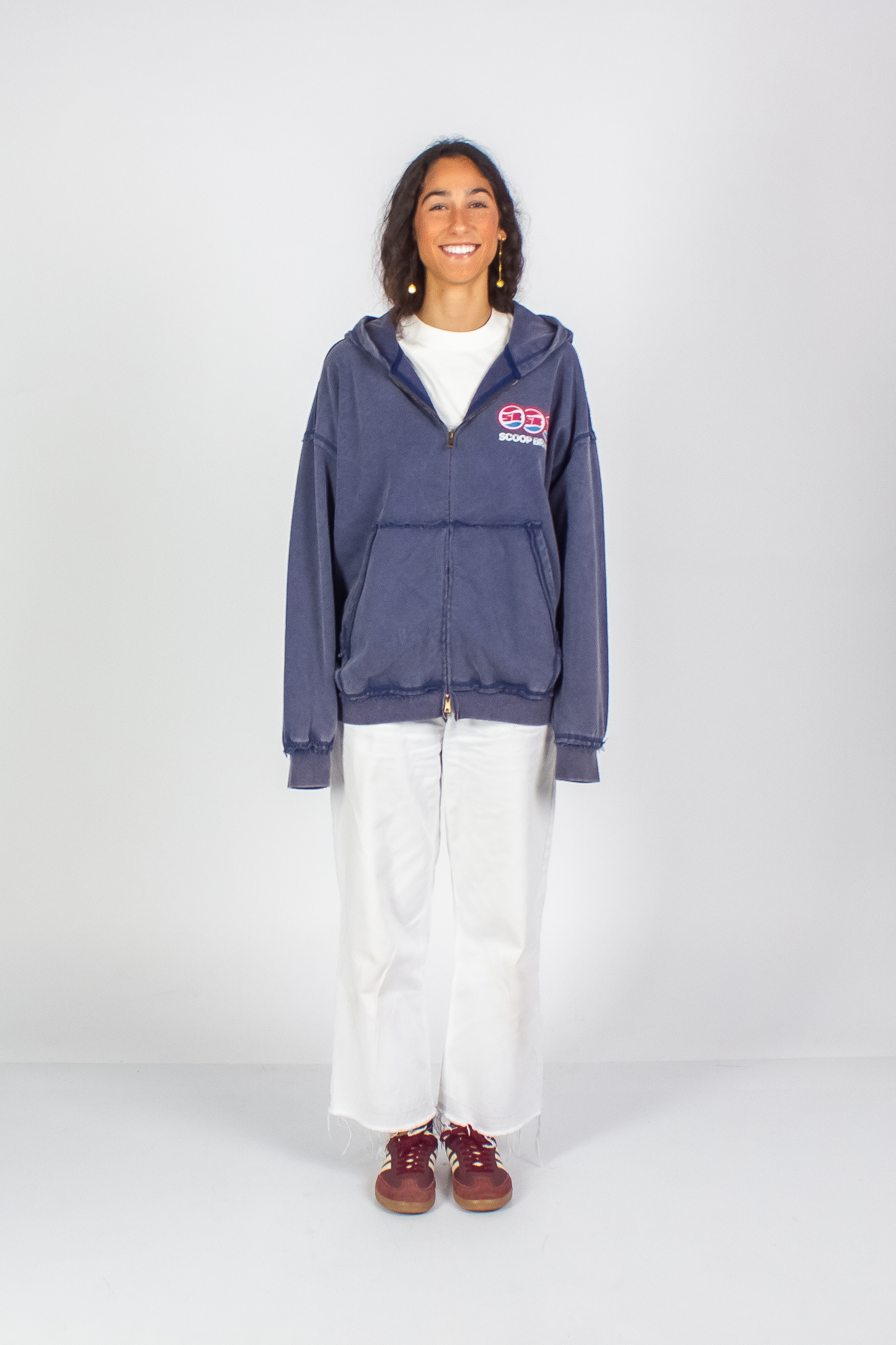 WASHED DENIM BLUE "DRINKS" INSIDE OUT SEAMS ZIP HOODIE