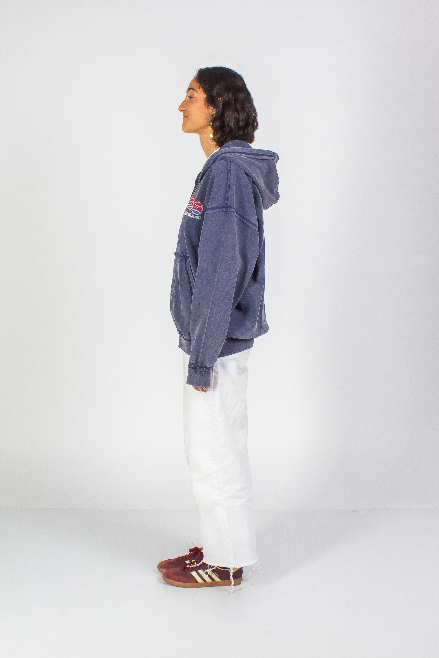 WASHED DENIM BLUE "DRINKS" INSIDE OUT SEAMS ZIP HOODIE