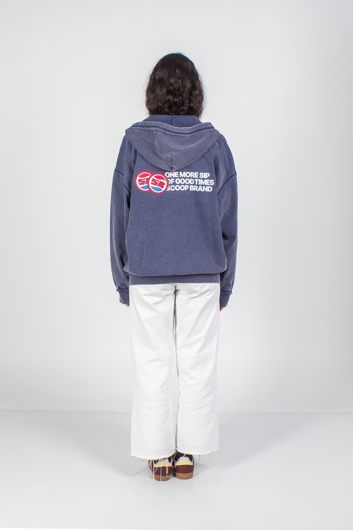 WASHED DENIM BLUE "DRINKS" INSIDE OUT SEAMS ZIP HOODIE
