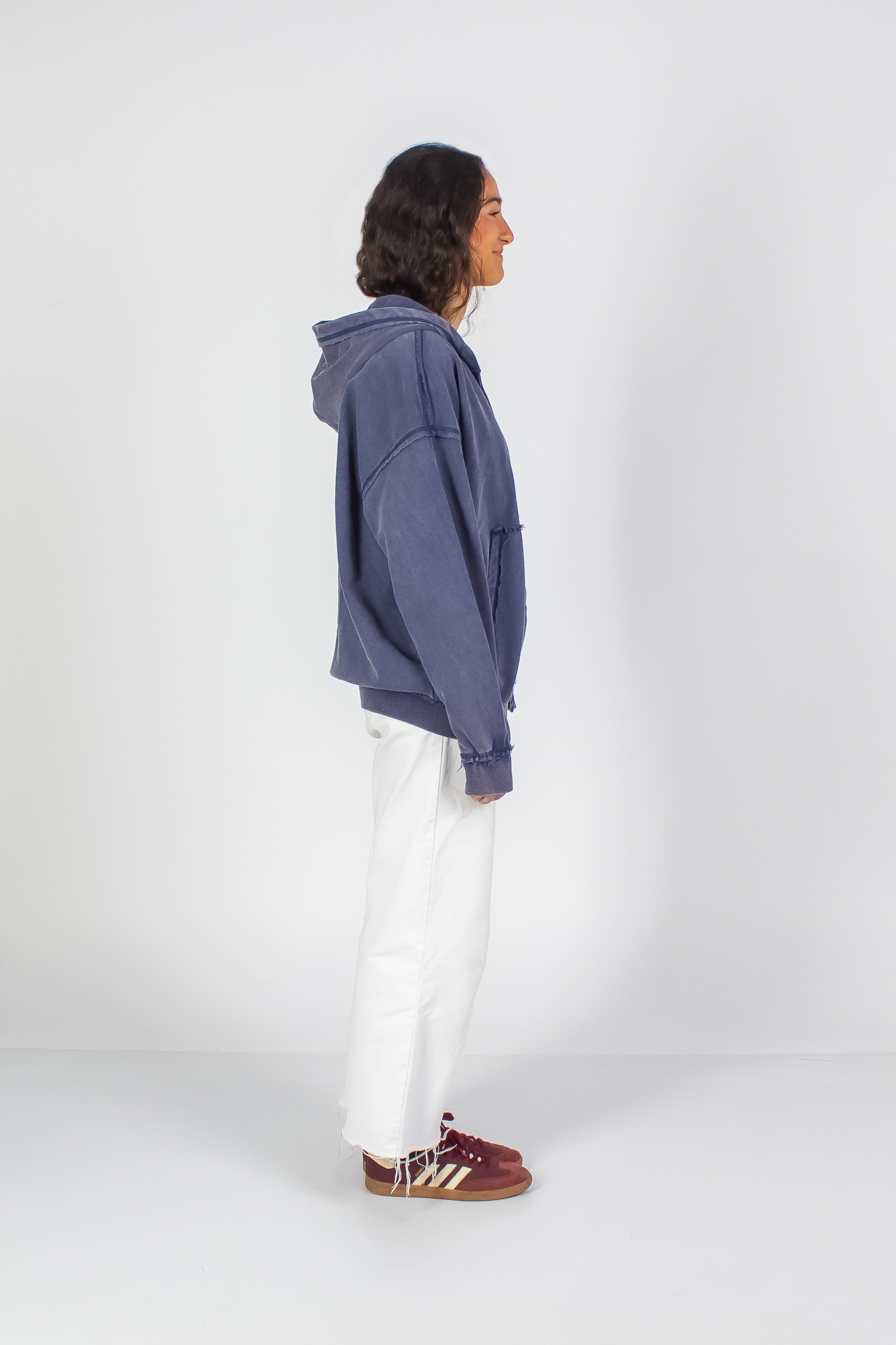 WASHED DENIM BLUE "DRINKS" INSIDE OUT SEAMS ZIP HOODIE