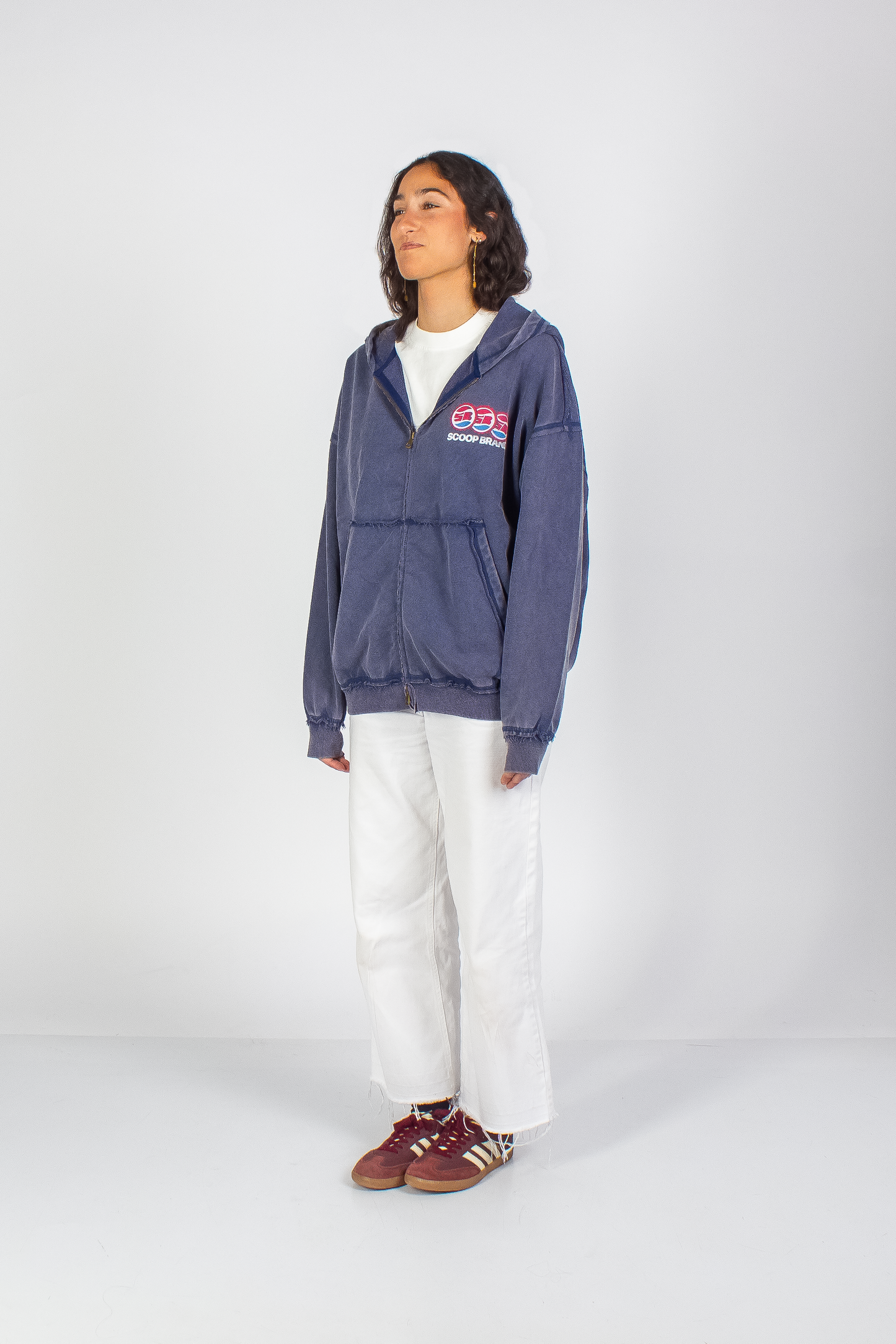 WASHED DENIM BLUE "DRINKS" INSIDE OUT SEAMS ZIP HOODIE