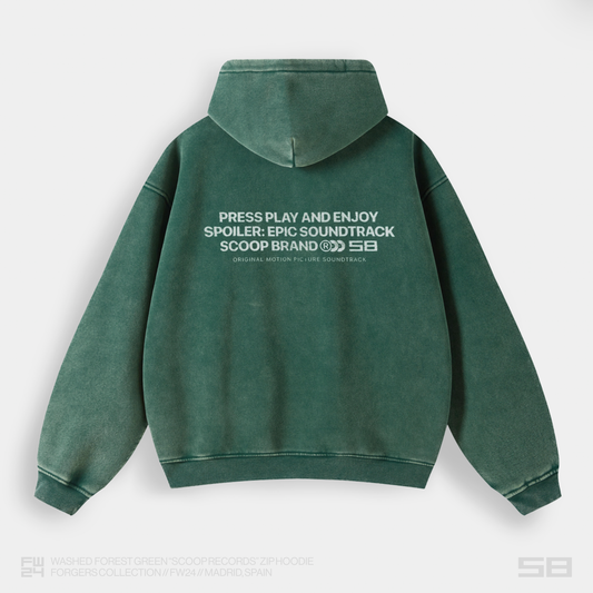 WASHED FOREST GREEN "SCOOP RECORDS" ZIP HOODIE
