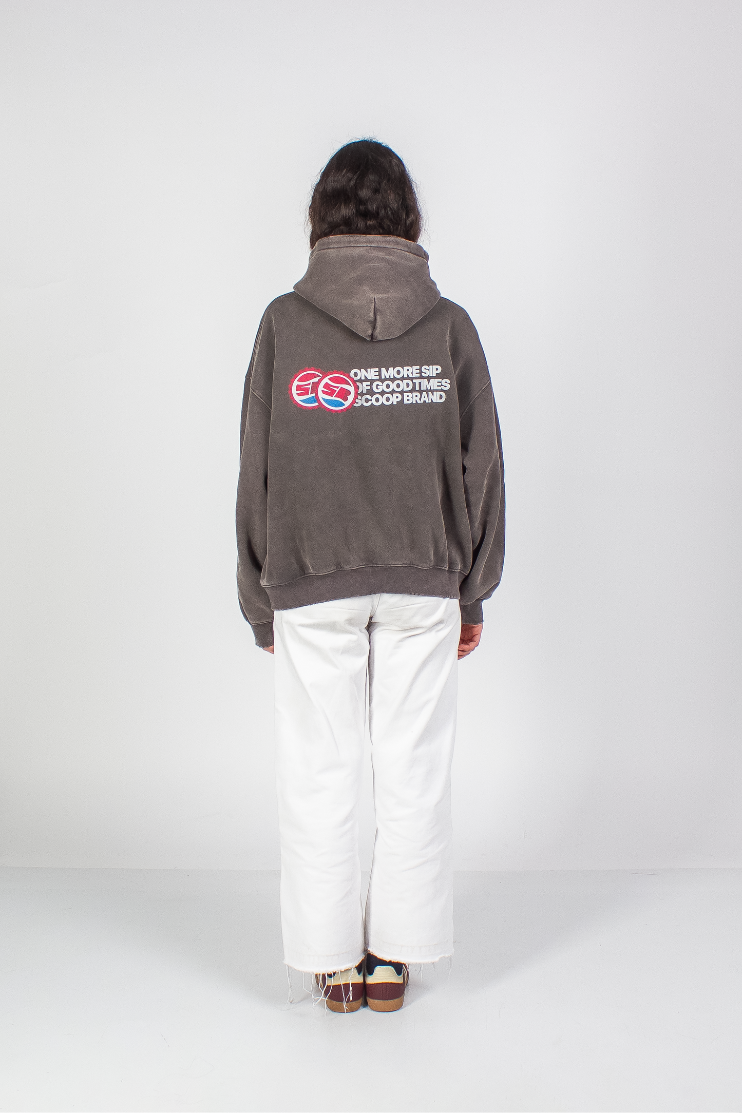 WASHED RUST GREY "DRINKS" BOXY HOODIE