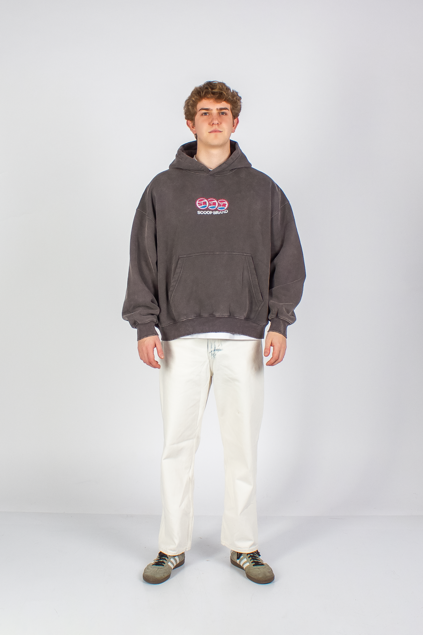 WASHED RUST GREY "DRINKS" BOXY HOODIE