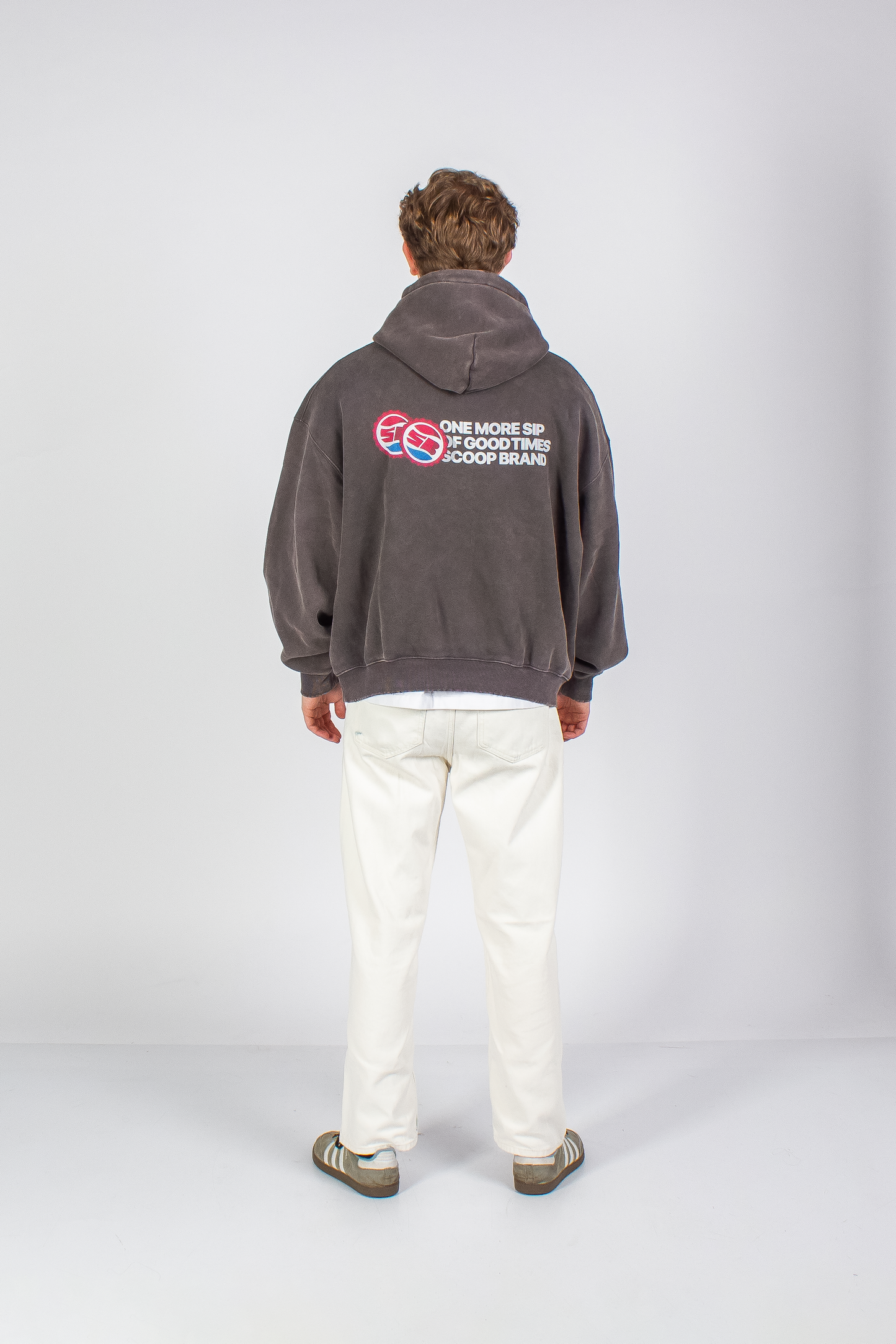 WASHED RUST GREY "DRINKS" BOXY HOODIE