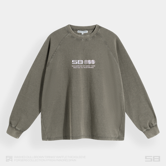 WASHED DULL BROWN "DRINKS" WAFFLE THICKSLEEVE