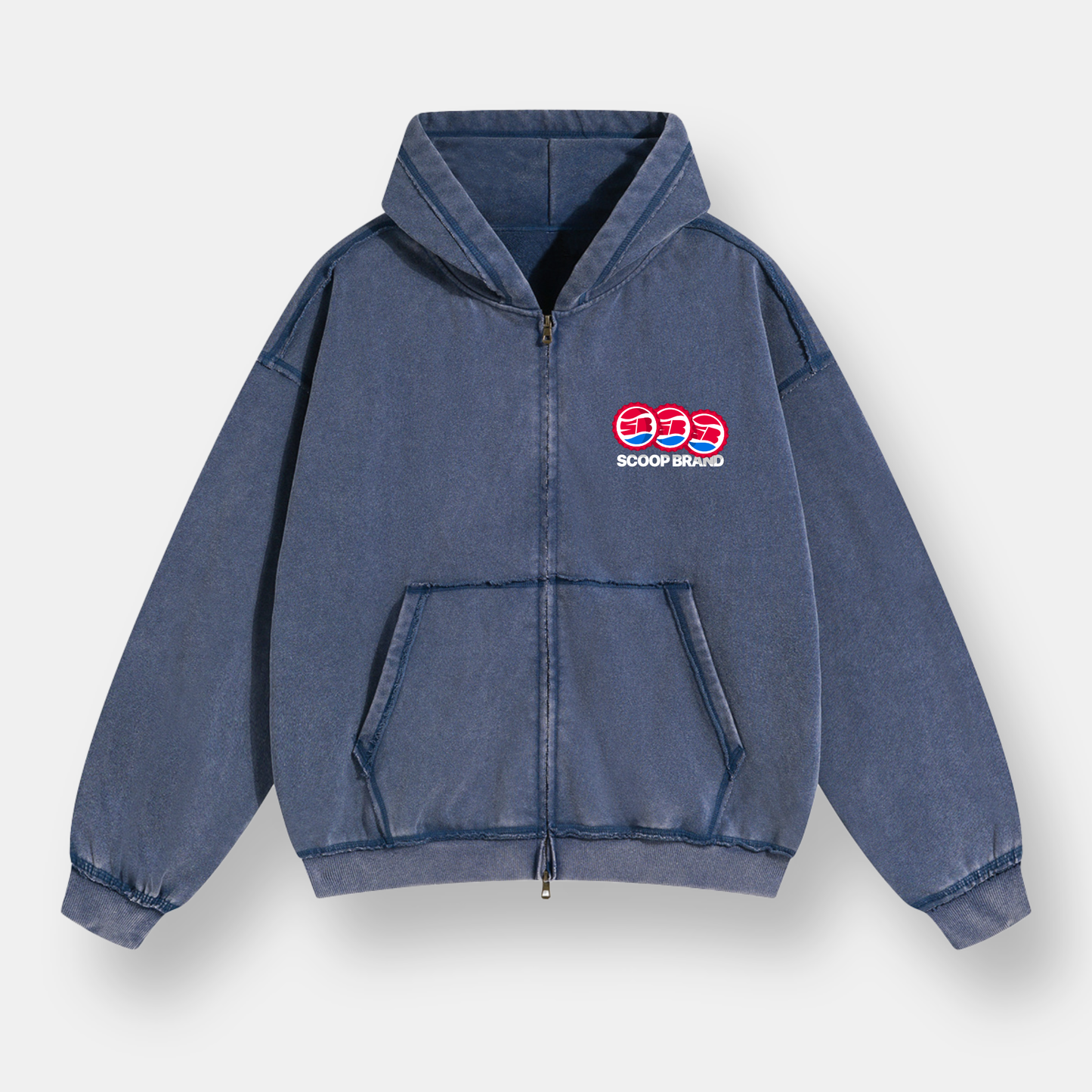 WASHED DENIM BLUE "DRINKS" INSIDE OUT SEAMS ZIP HOODIE