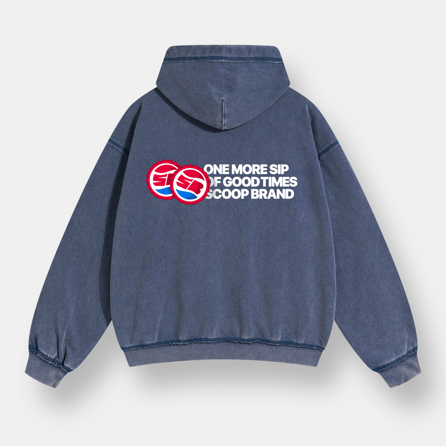 WASHED DENIM BLUE "DRINKS" INSIDE OUT SEAMS ZIP HOODIE
