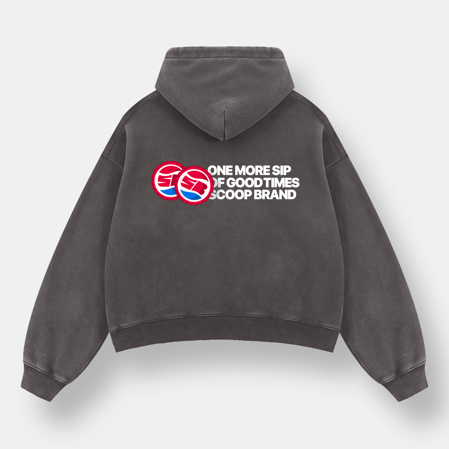 WASHED RUST GREY "DRINKS" BOXY HOODIE